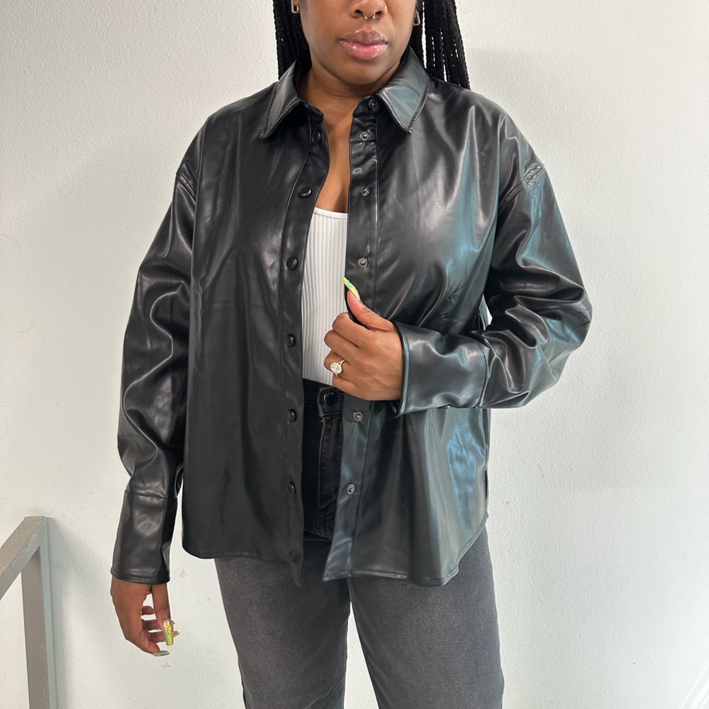 Faux Leather Button Up in black